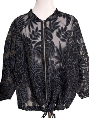 Wynne Layers Black Botanical Zip-Front Utility Jacket Large